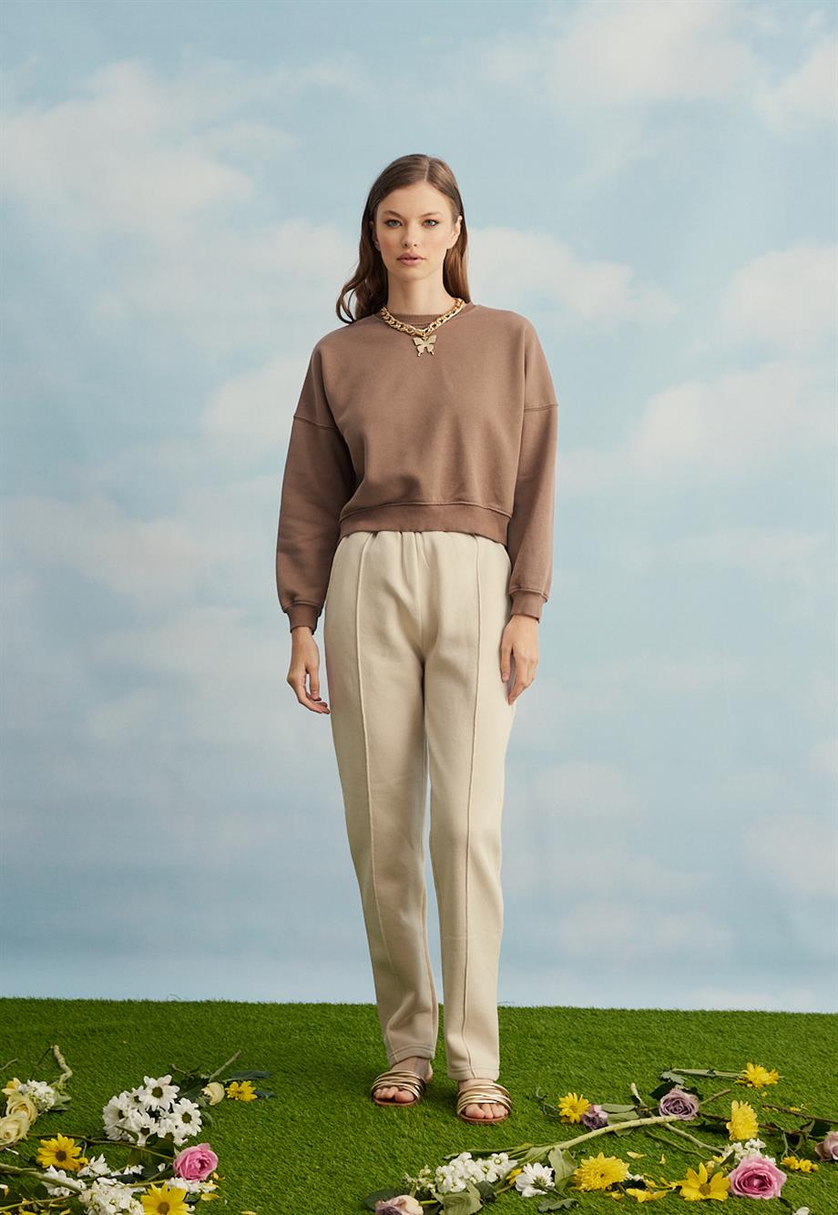 Kadın Kahve Renk Basic Kısa Sweatshirt