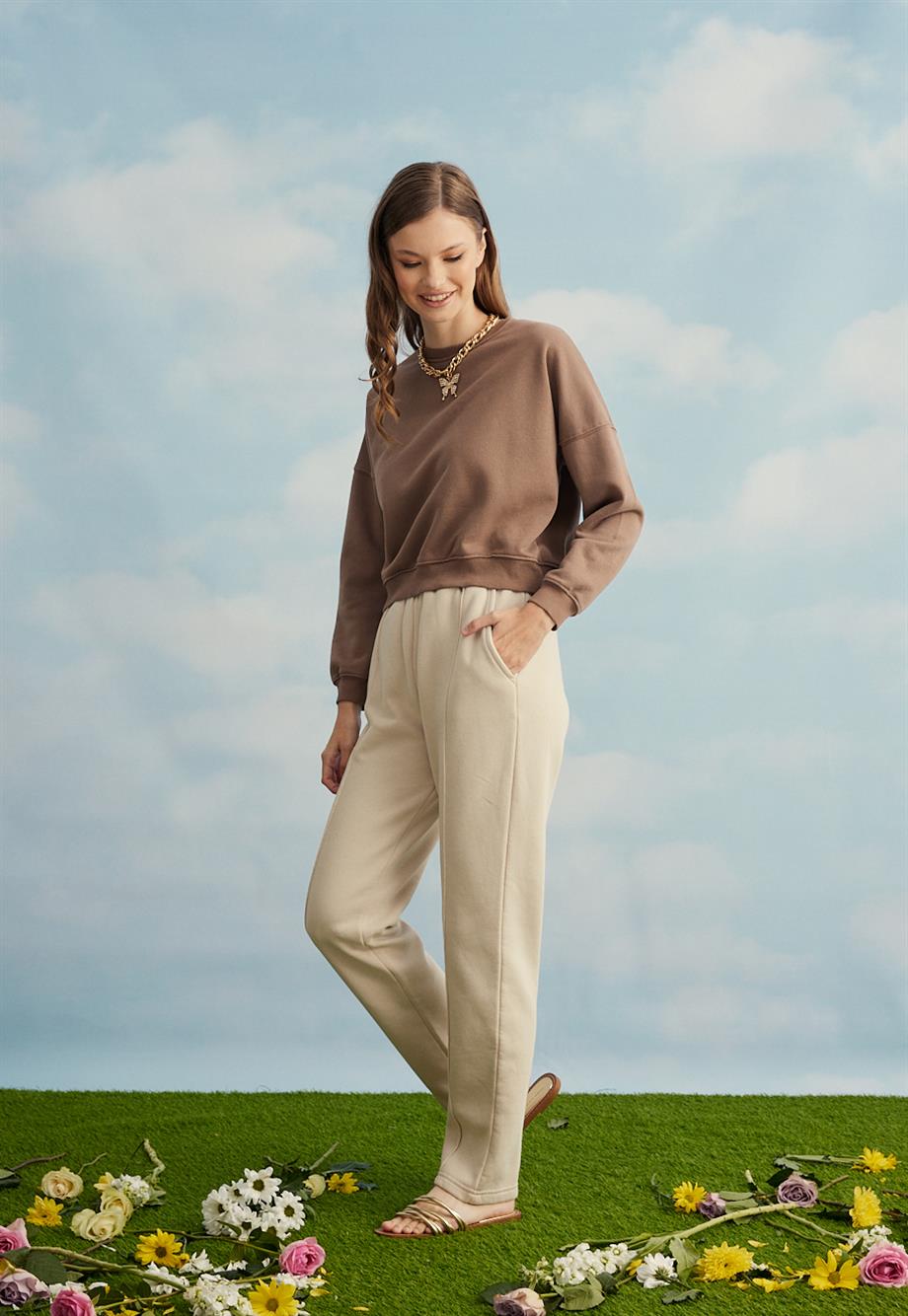Kadın Kahve Renk Basic Kısa Sweatshirt