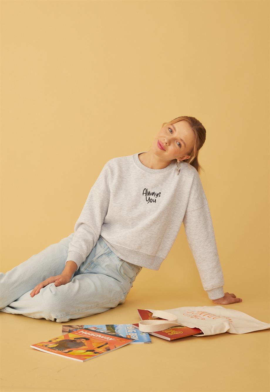 Kadın Kar Melanj Always You Baskılı Kısa Sweatshirt