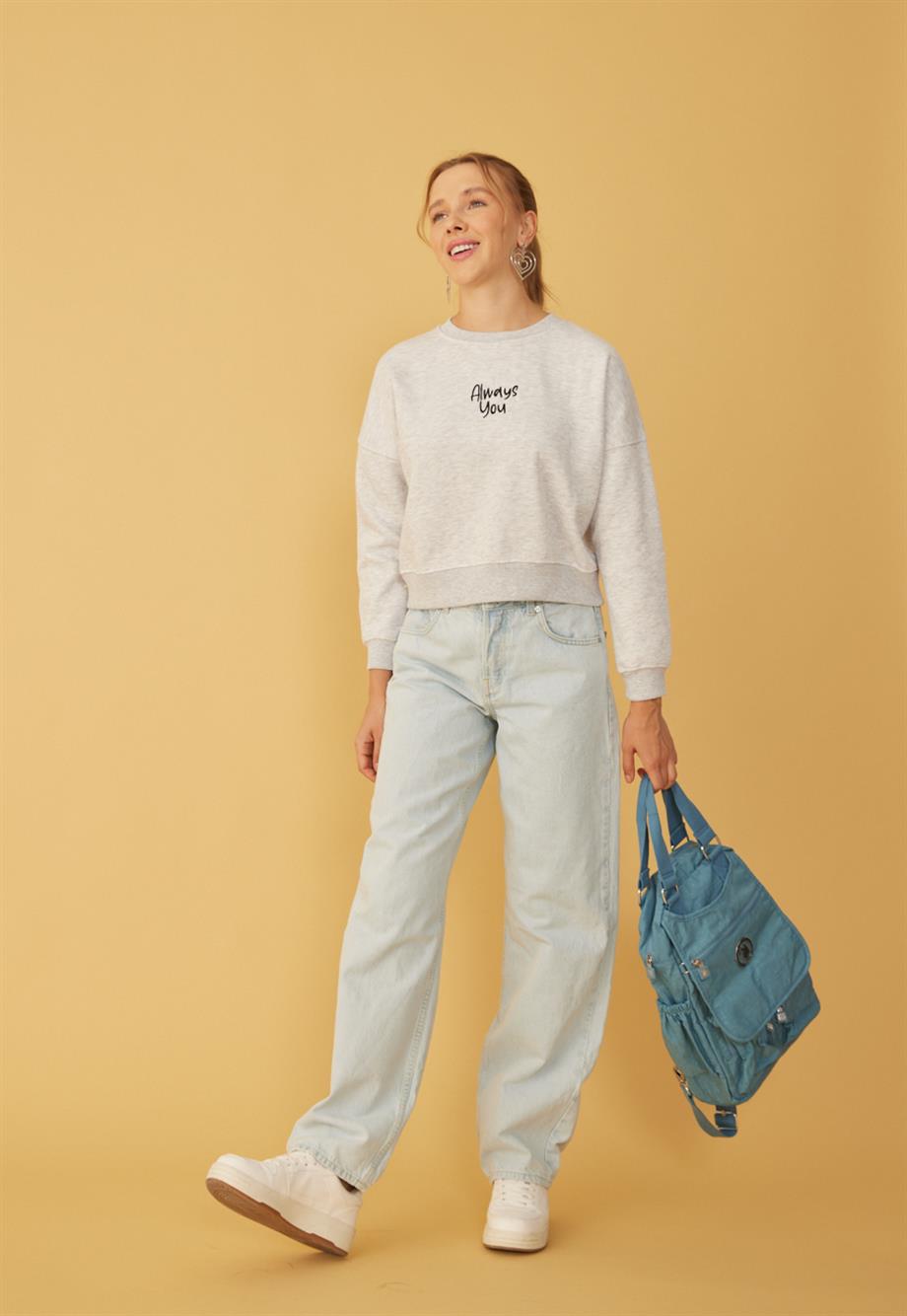 Kadın Kar Melanj Always You Baskılı Kısa Sweatshirt