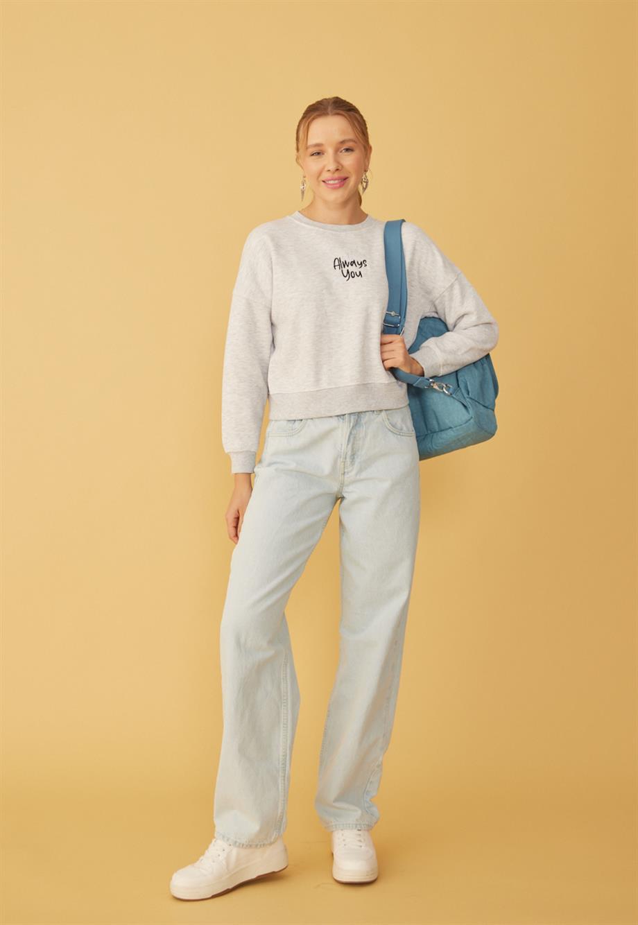 Kadın Kar Melanj Always You Baskılı Kısa Sweatshirt