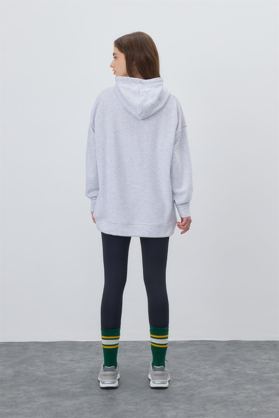 Kadın Kar Melanj Renk Baskılı Kapüşonlu Oversize Sweatshirt