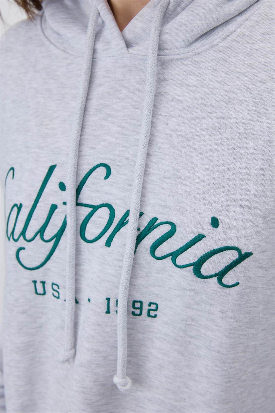 Kadın Kar Melanj Renk Baskılı Kapüşonlu Oversize Sweatshirt