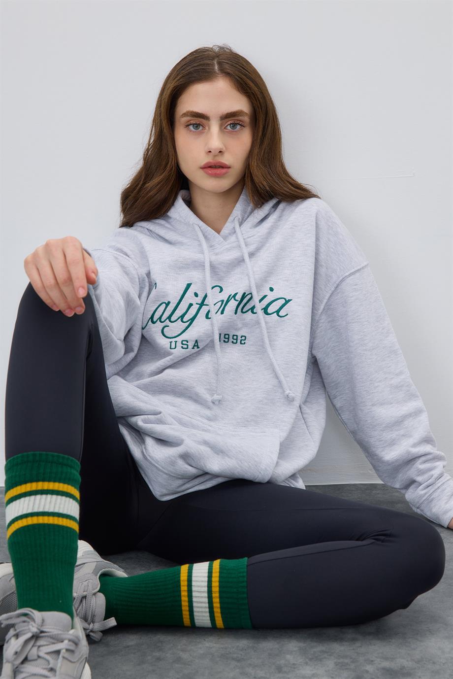 Kadın Kar Melanj Renk Baskılı Kapüşonlu Oversize Sweatshirt