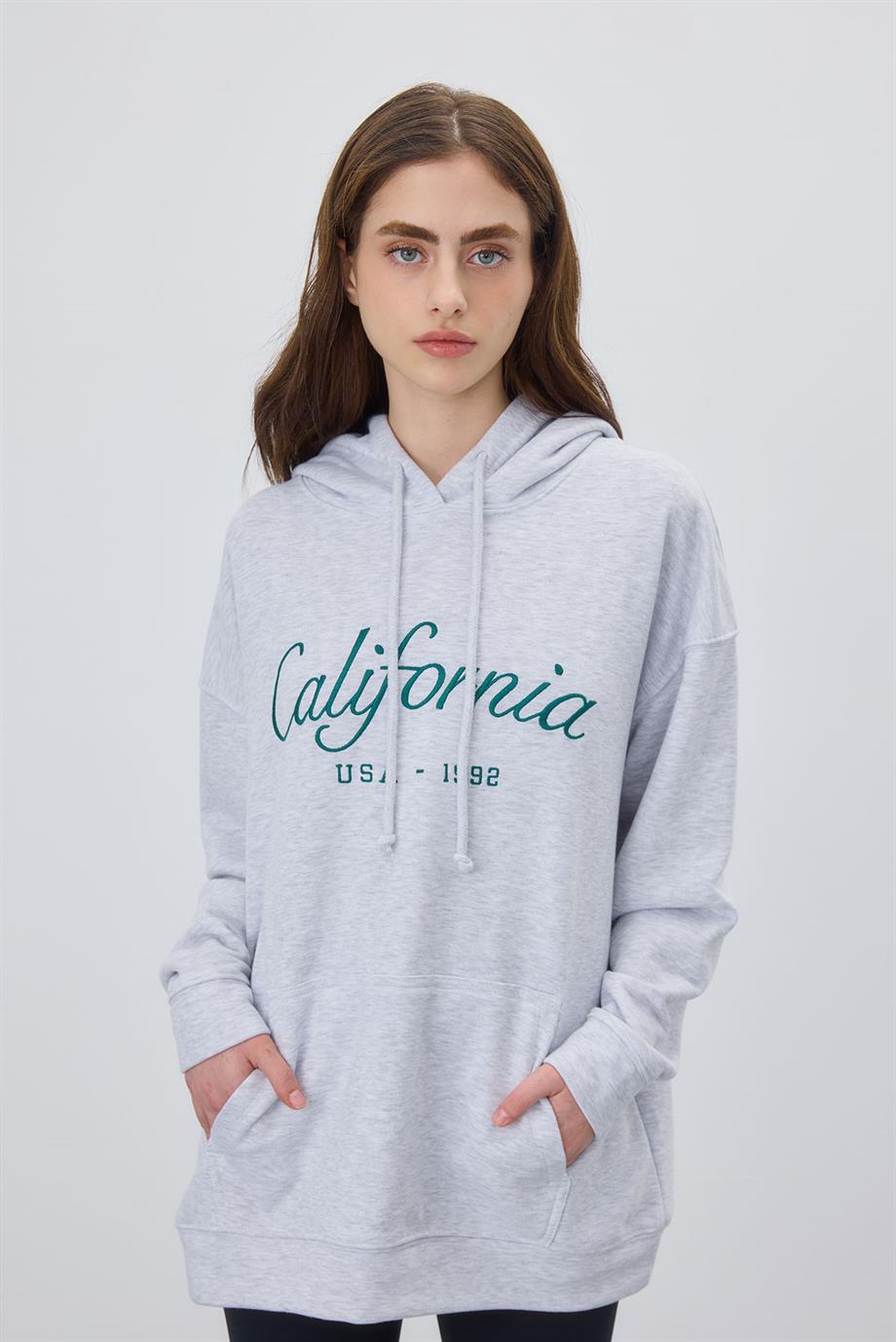 Kadın Kar Melanj Renk Baskılı Kapüşonlu Oversize Sweatshirt
