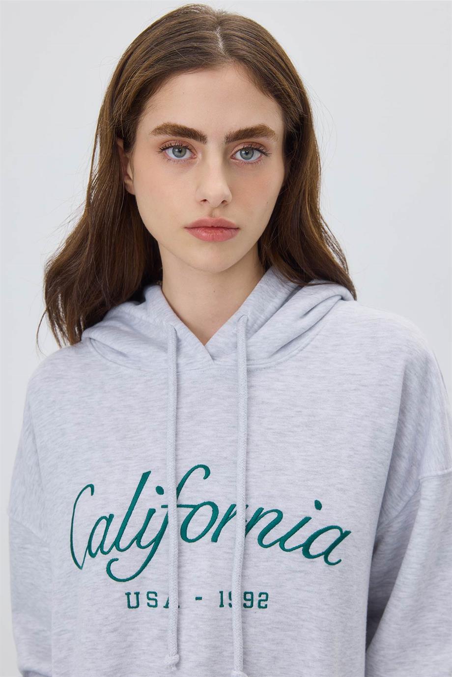 Kadın Kar Melanj Renk Baskılı Kapüşonlu Oversize Sweatshirt