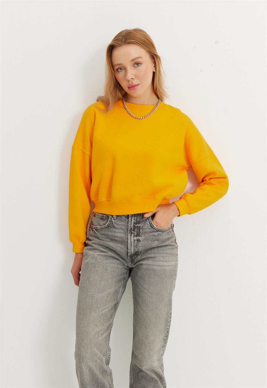 Kadın Kayısı Renk Basic Kısa Sweatshirt