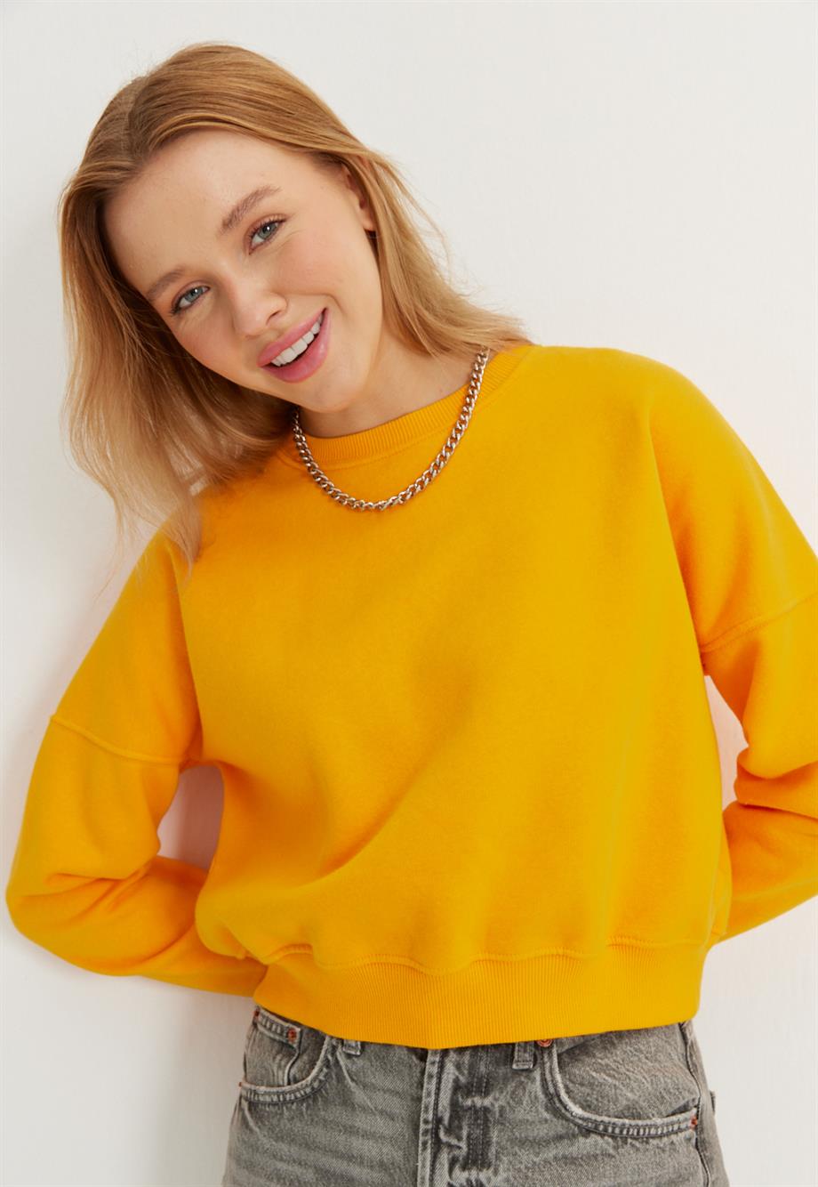 Kadın Kayısı Renk Basic Kısa Sweatshirt