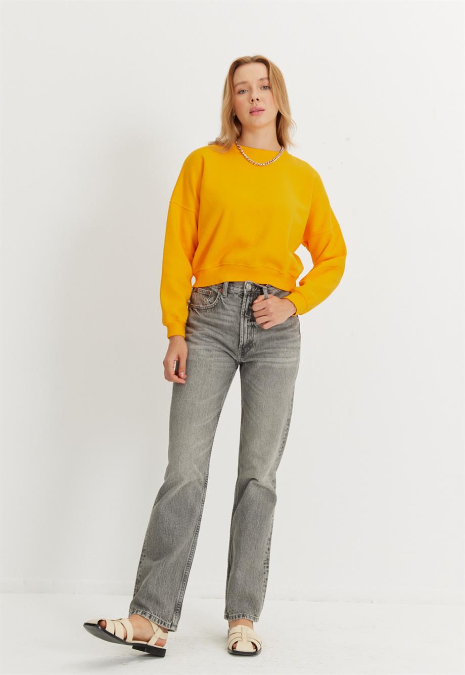 Kadın Kayısı Renk Basic Kısa Sweatshirt