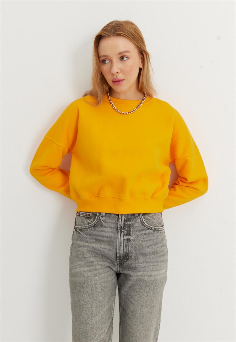 Kadın Kayısı Renk Basic Kısa Sweatshirt