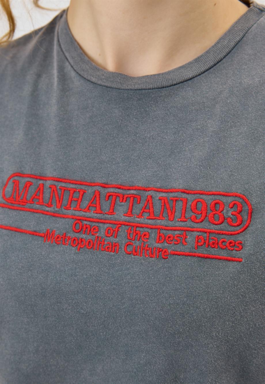 Kadın Kırmızı Nakış Detaylı Antrasit T-Shirt