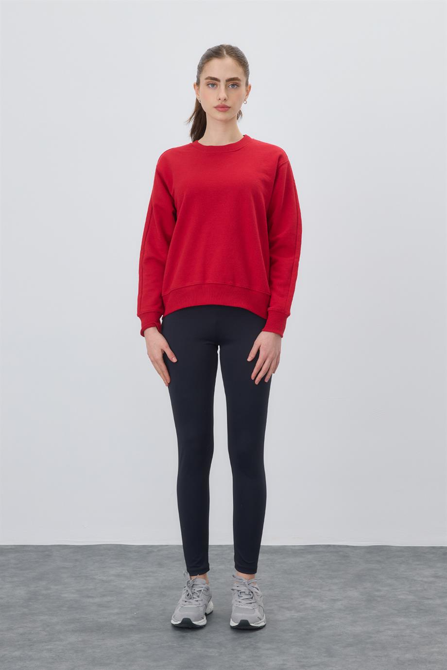 Kadın Kırmızı Renk Basic Şardonsuz Sweatshirt