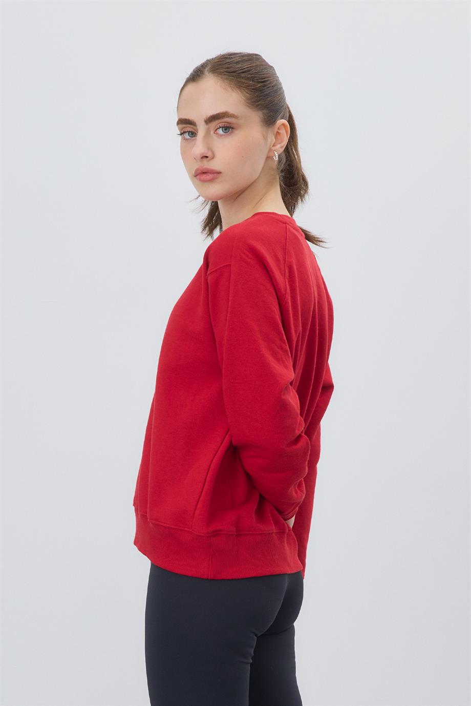 Kadın Kırmızı Renk Basic Şardonsuz Sweatshirt