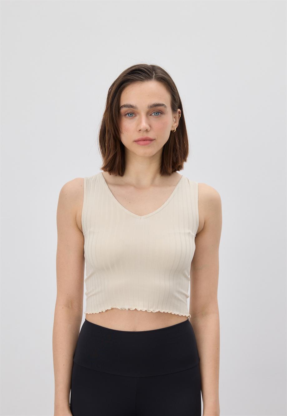 Kadın Krem Renk V Yaka Crop Bluz