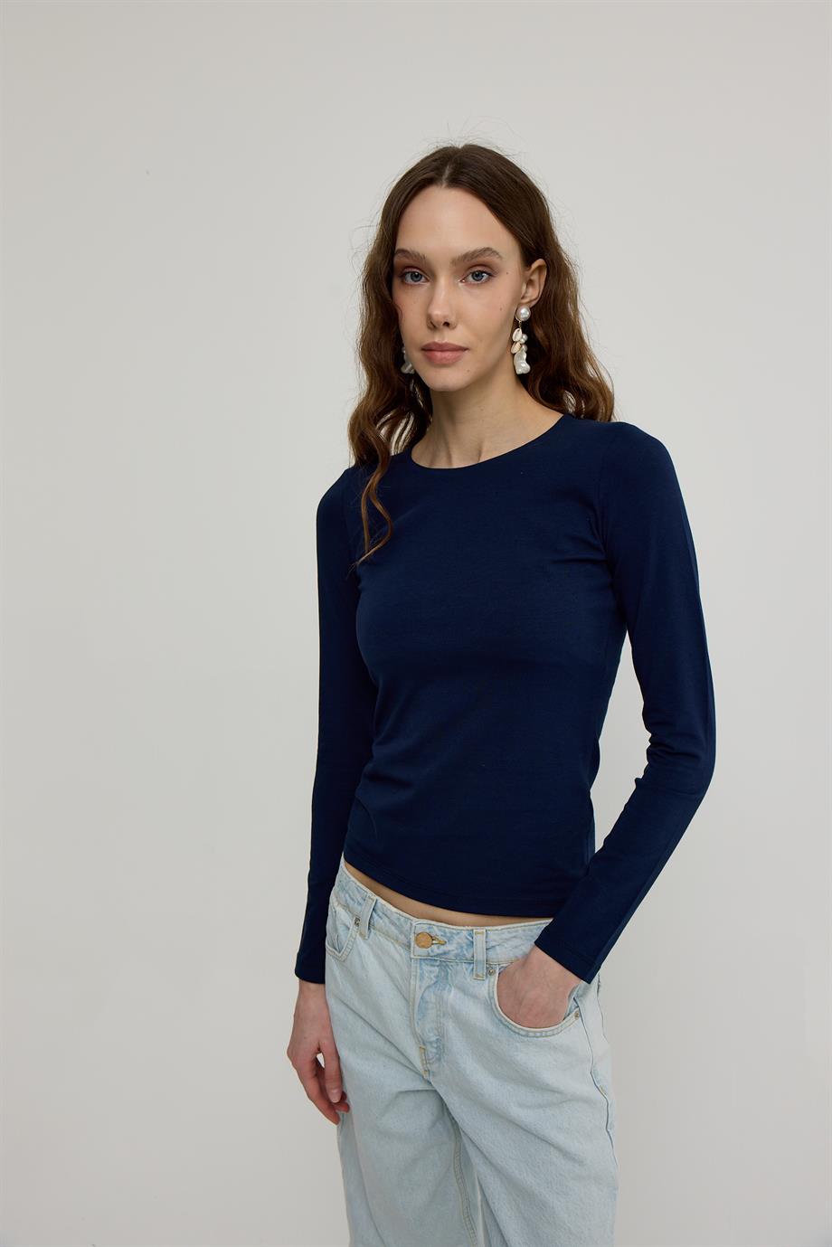 Kadın Lacivert Basic Uzun Kollu Body