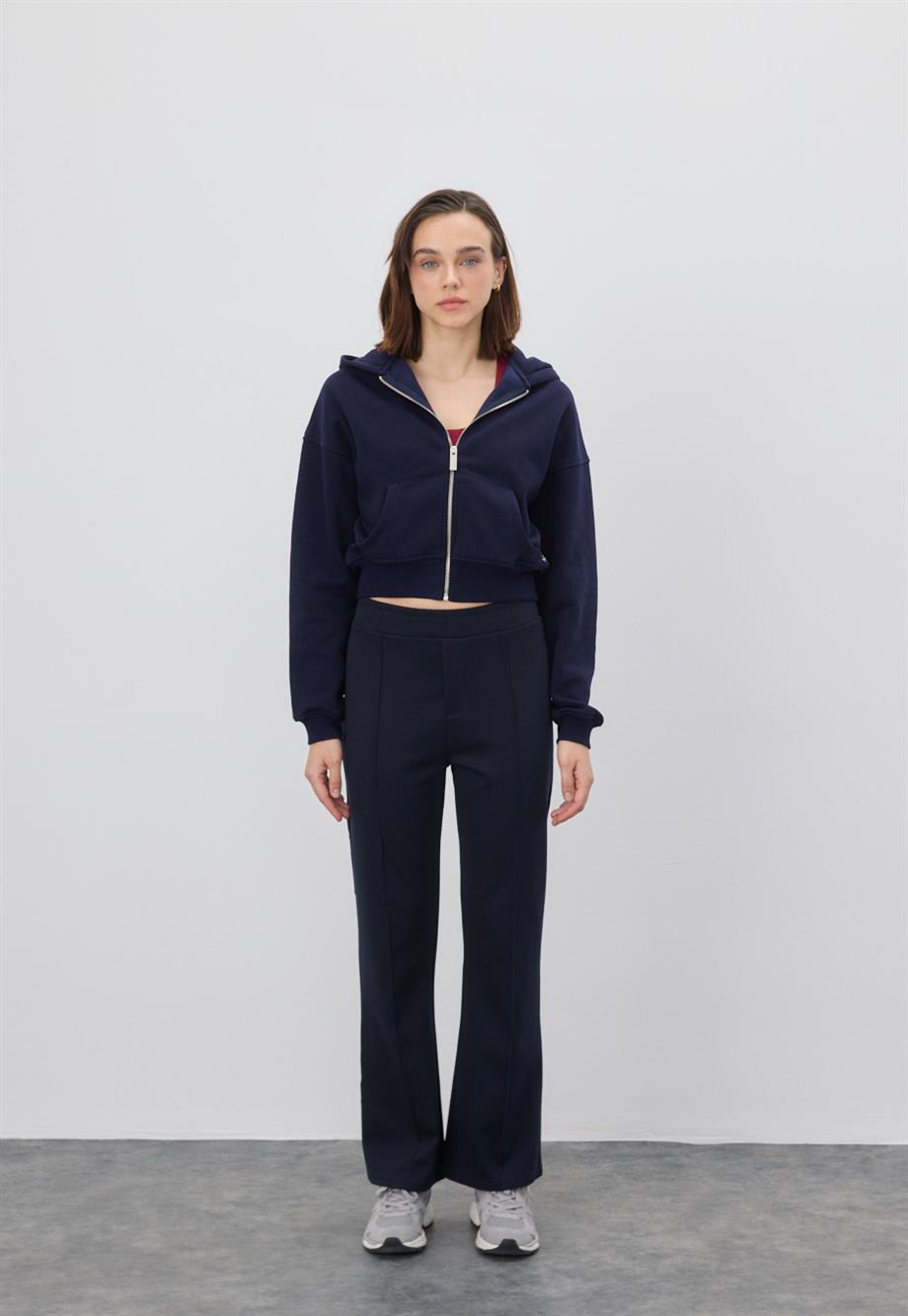 Kadın Lacivert Kapüşonlu Şardonlu Crop Sweatshirt Hırka