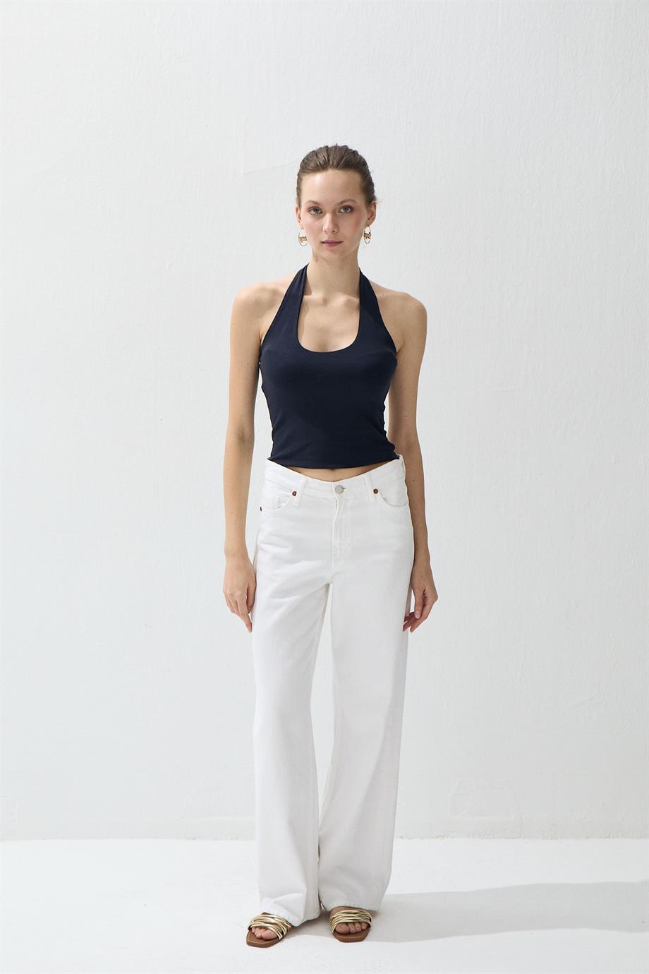 Kadın Lacivert Renk Halter Yaka Crop Bluz