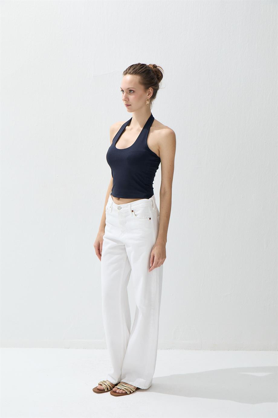 Kadın Lacivert Renk Halter Yaka Crop Bluz