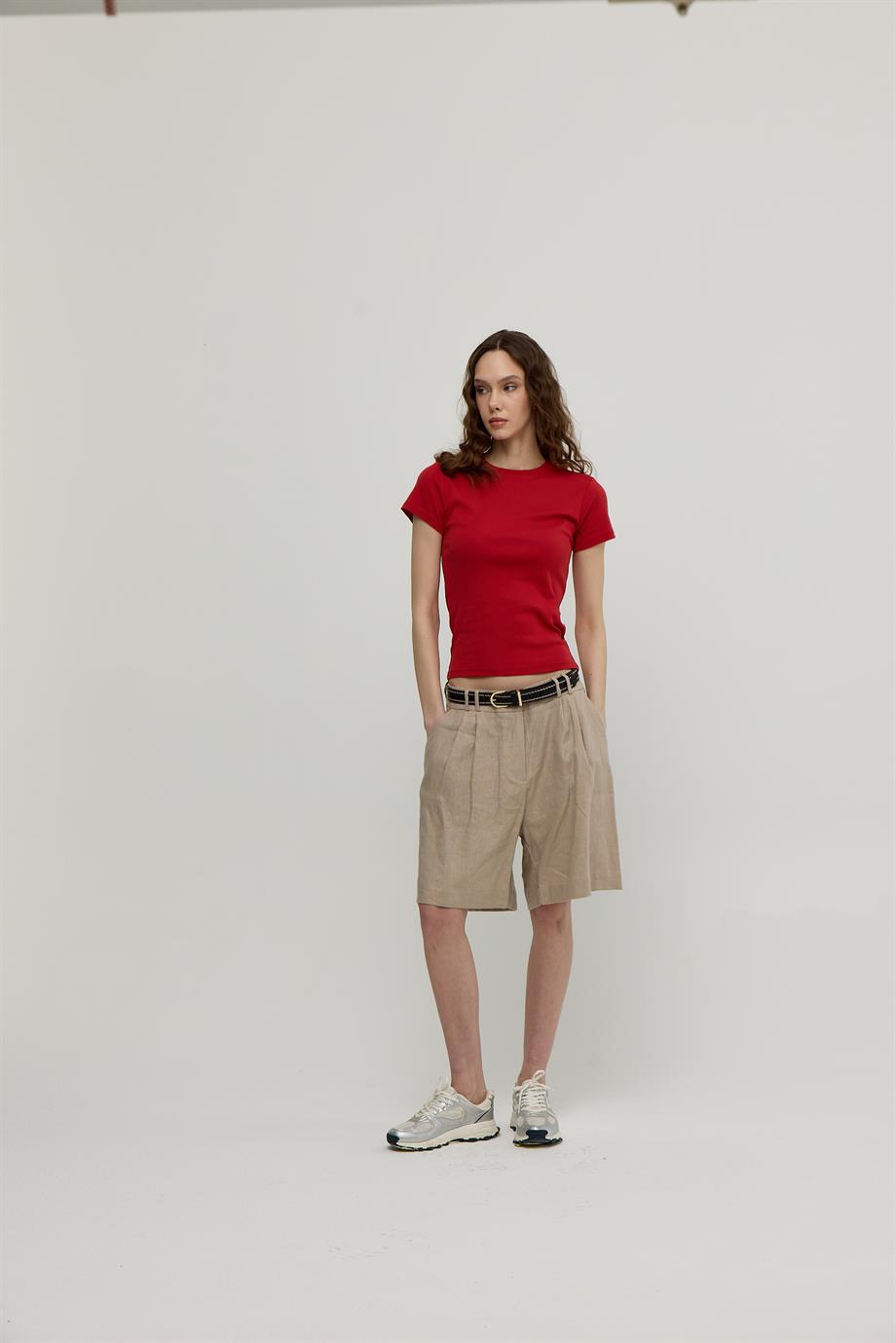 Kadın Magenta Kısa Kollu Basic T-shirt