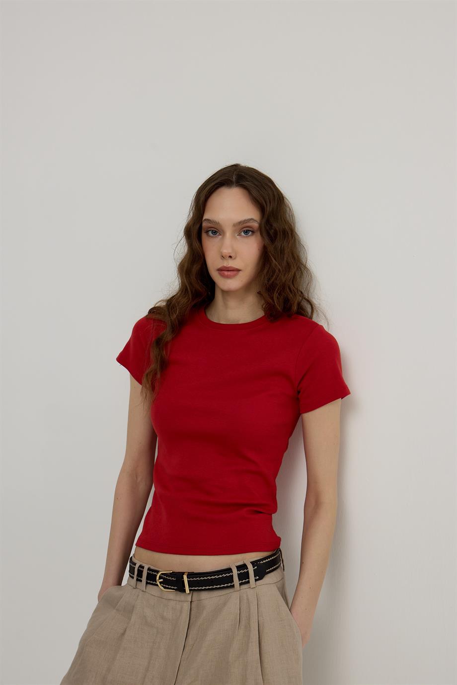 Kadın Magenta Kısa Kollu Basic T-shirt