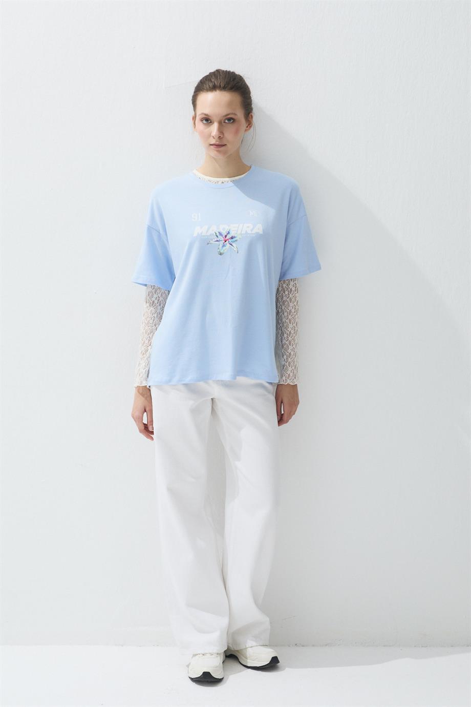 Kadın Mavi Renk Baskılı Oversize T-shirt