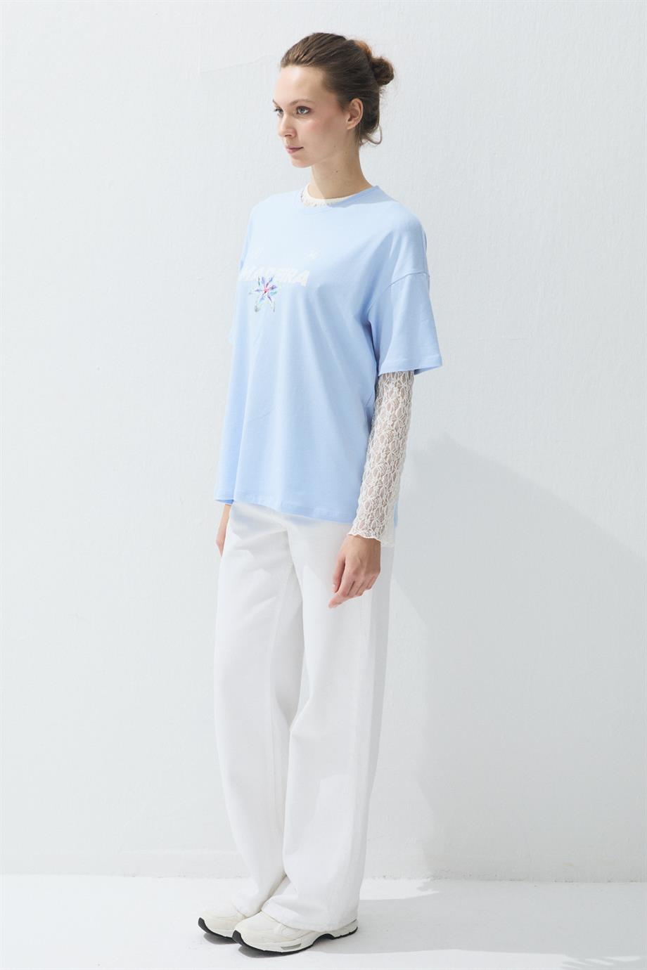 Kadın Mavi Renk Baskılı Oversize T-shirt