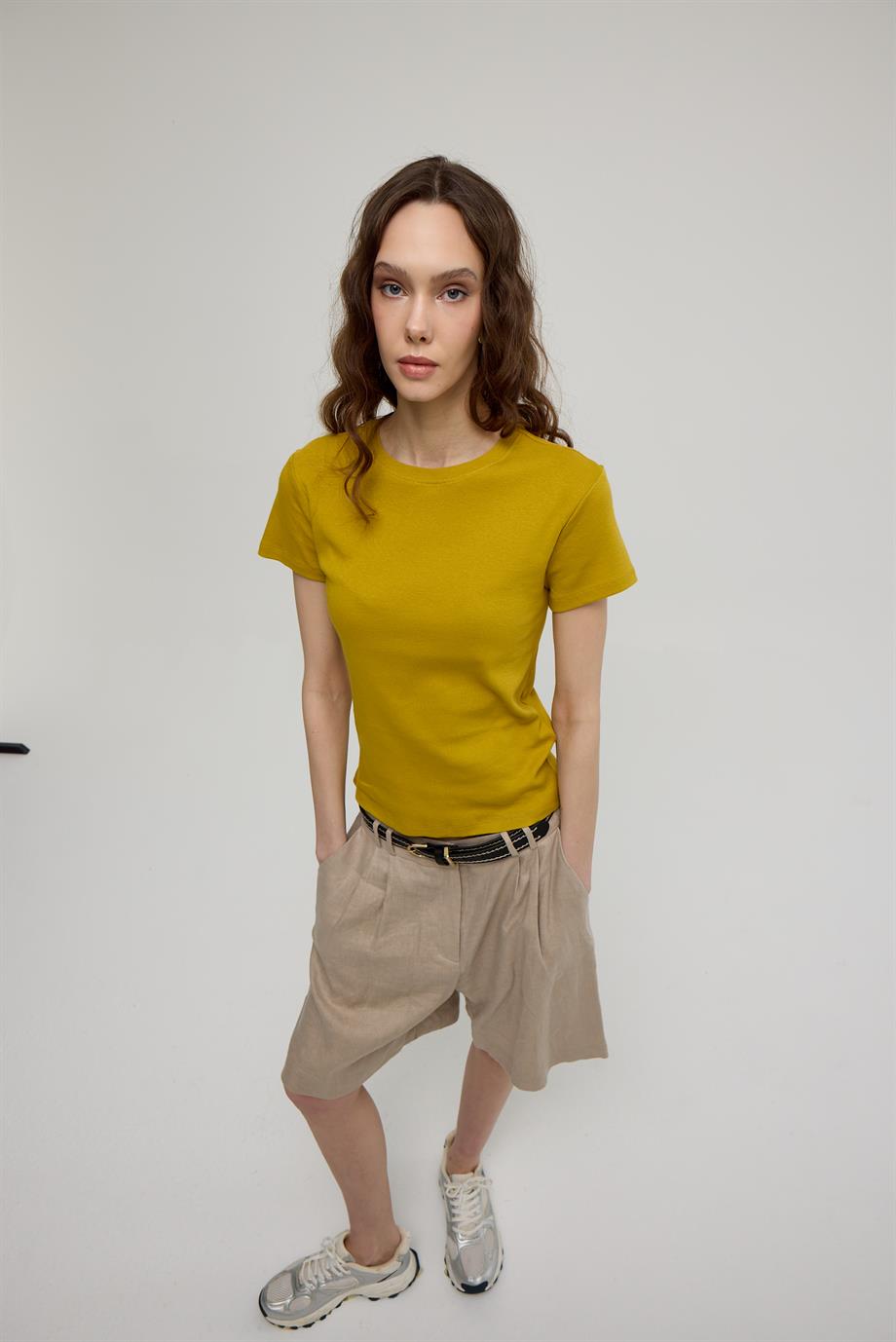 Kadın Olive Kısa Kollu Basic T-shirt