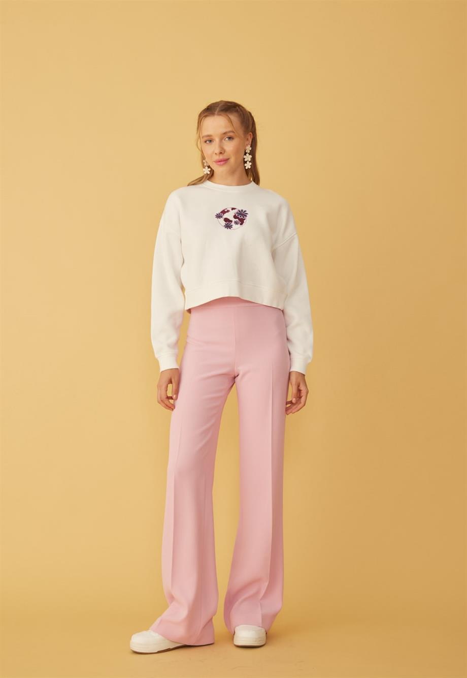 Kadın Önü Mor Nakışlı 3 İplik Şardonlu Sweatshirt