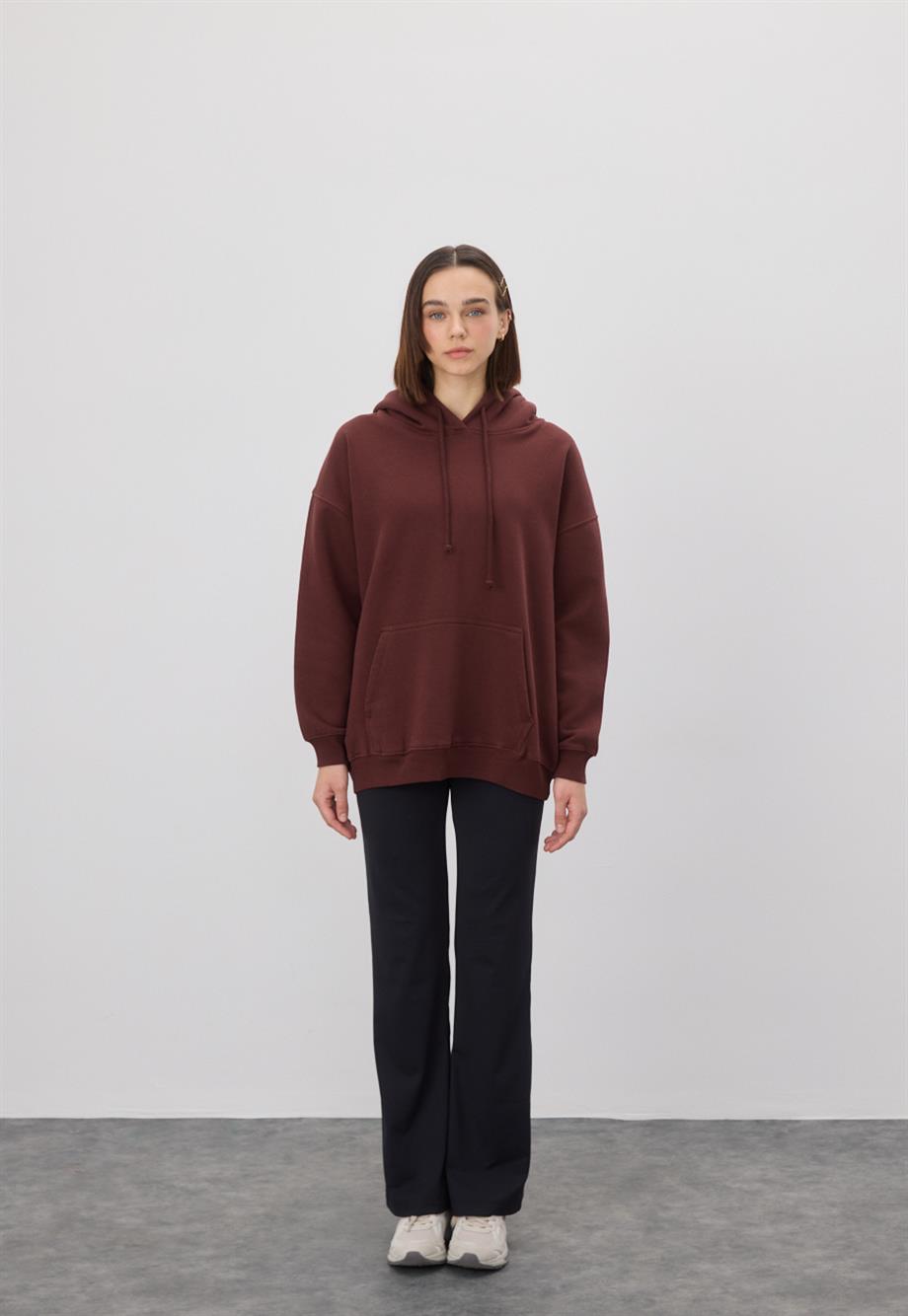 Kadın Oversize Çikolata Kapüşonlu Sweatshirt