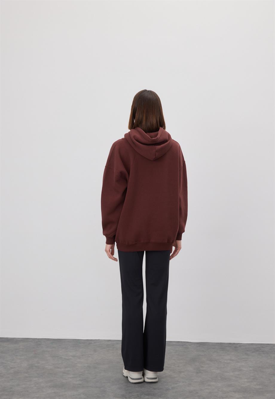 Kadın Oversize Çikolata Kapüşonlu Sweatshirt