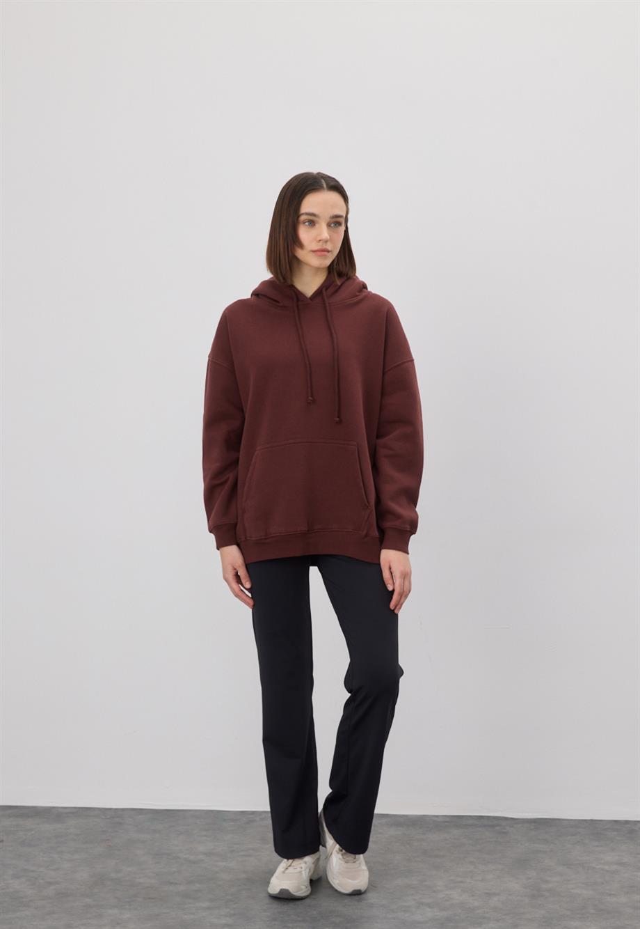 Kadın Oversize Çikolata Kapüşonlu Sweatshirt
