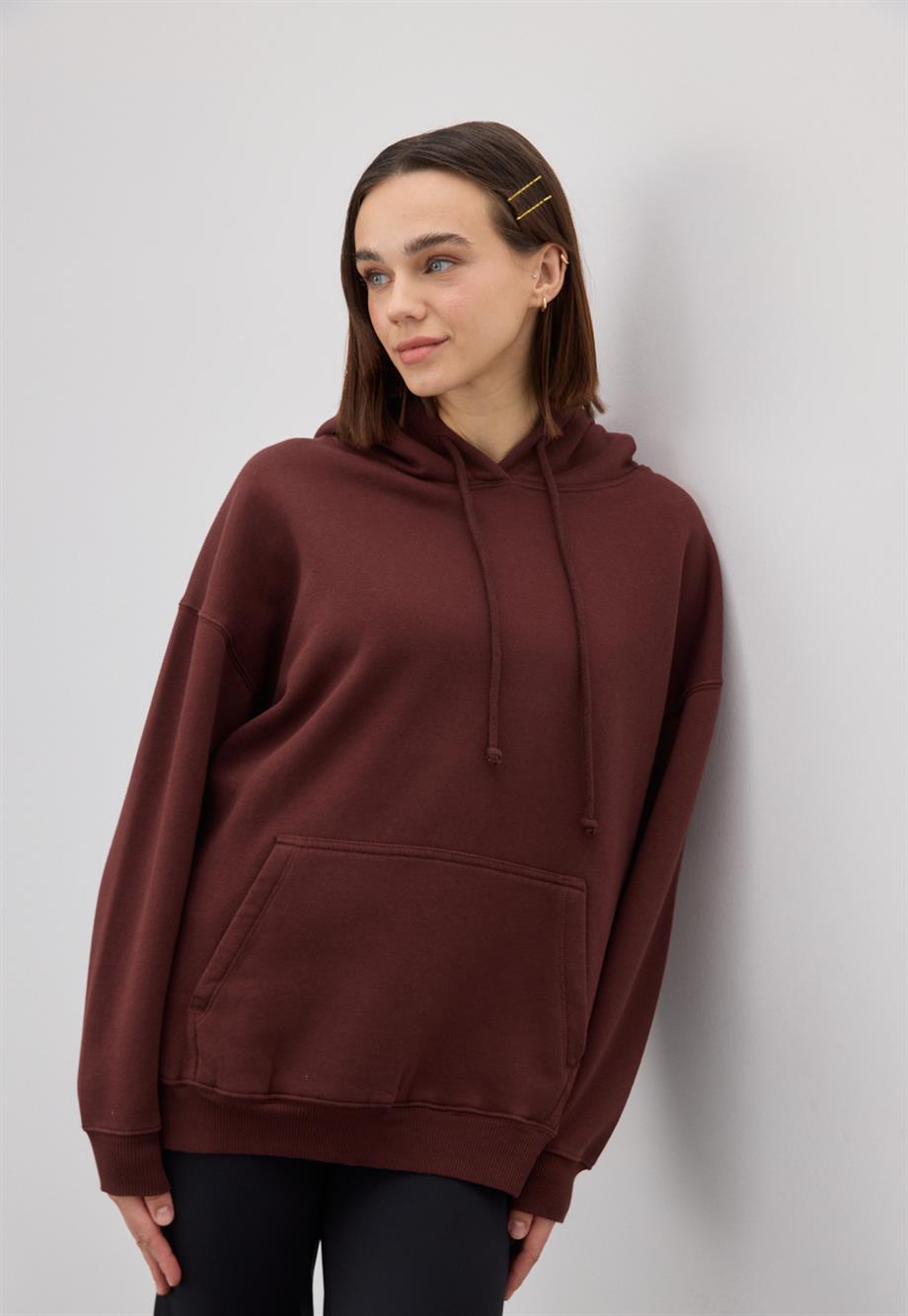 Kadın Oversize Çikolata Kapüşonlu Sweatshirt