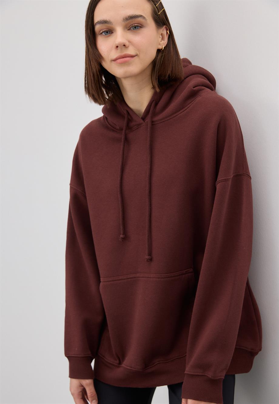 Kadın Oversize Çikolata Kapüşonlu Sweatshirt