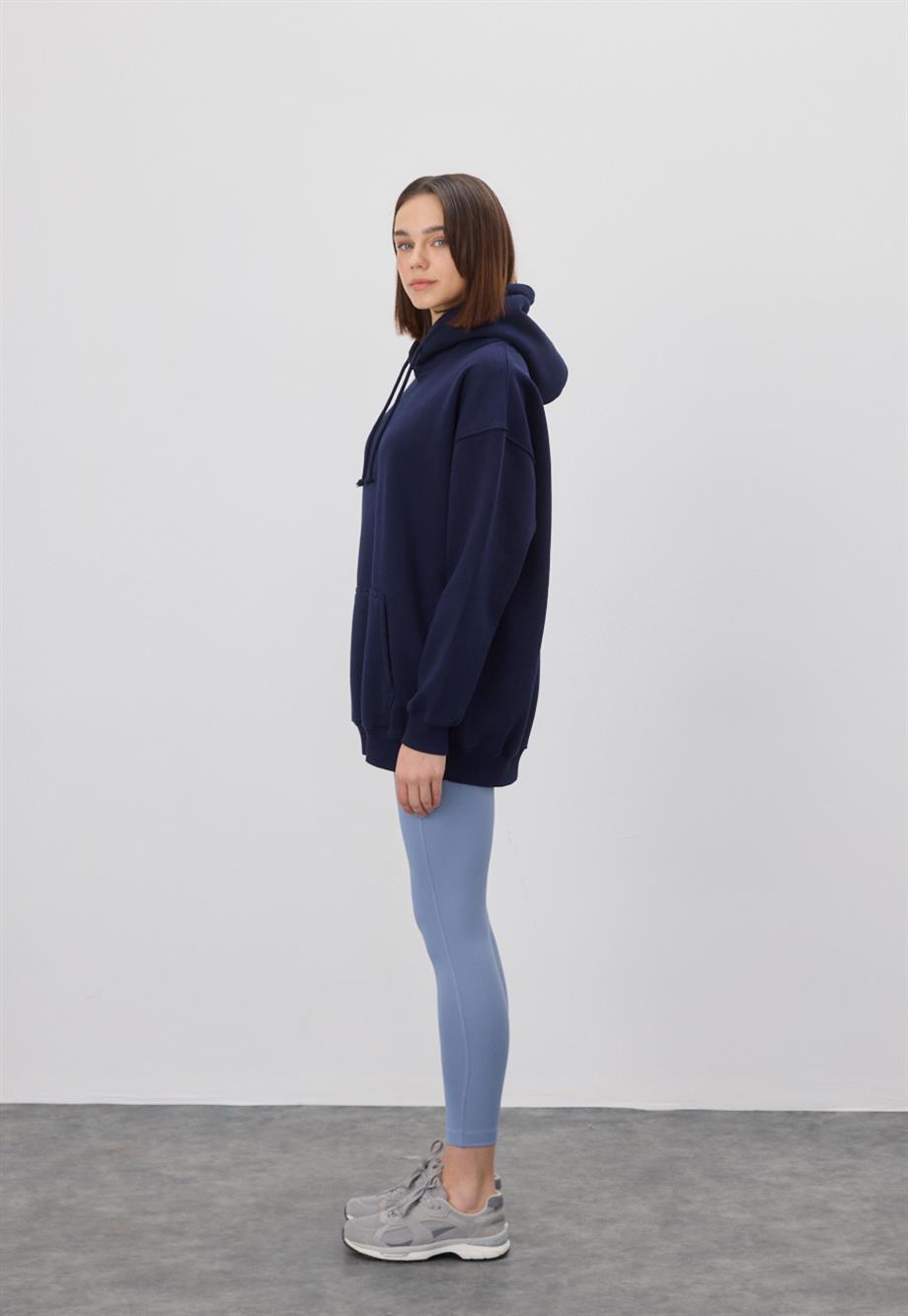 Kadın Oversize Navy Kapüşonlu Sweatshirt