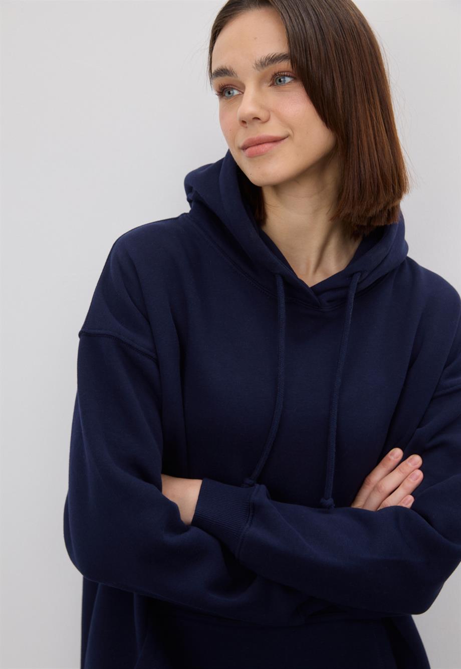 Kadın Oversize Navy Kapüşonlu Sweatshirt