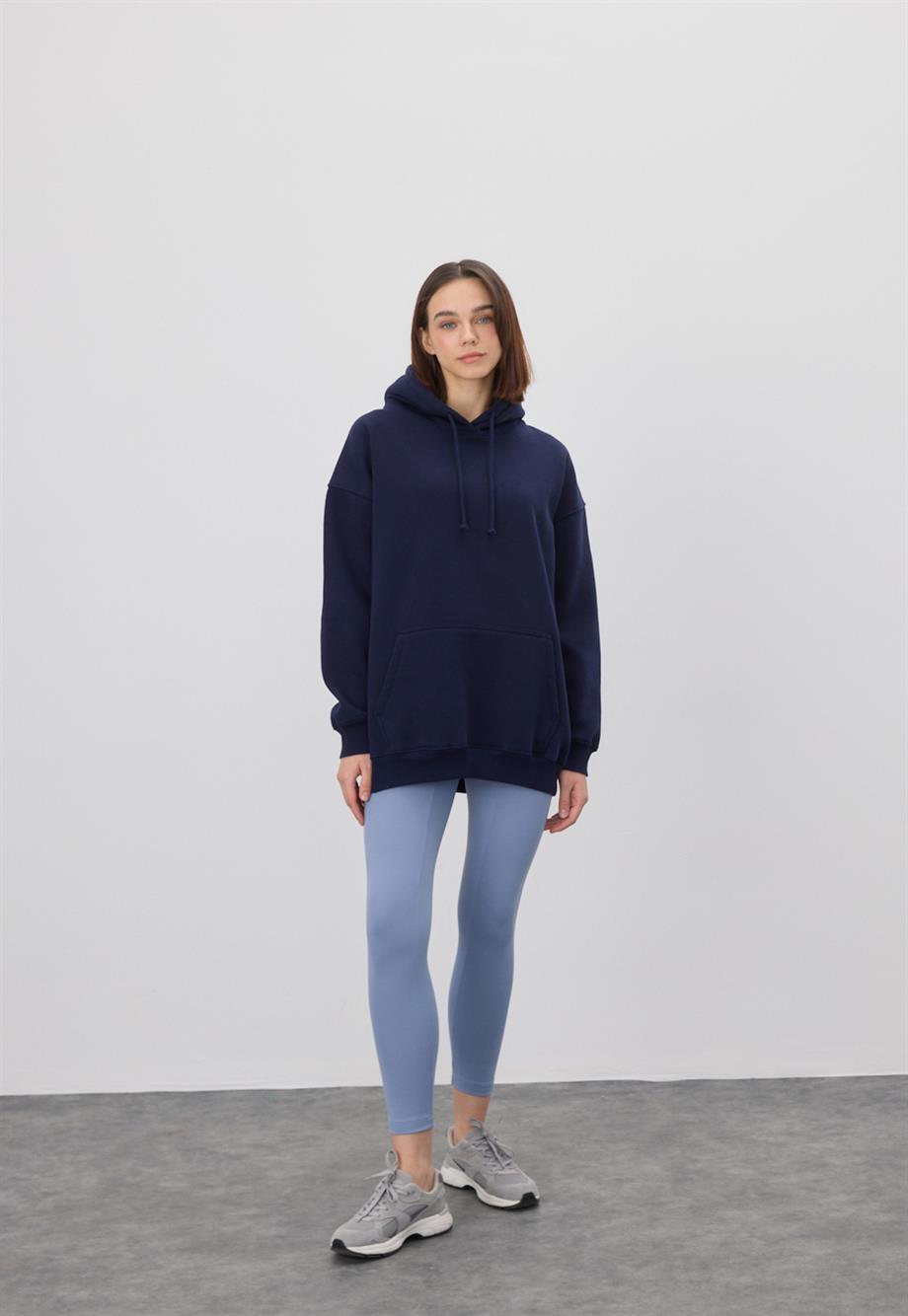 Kadın Oversize Navy Kapüşonlu Sweatshirt