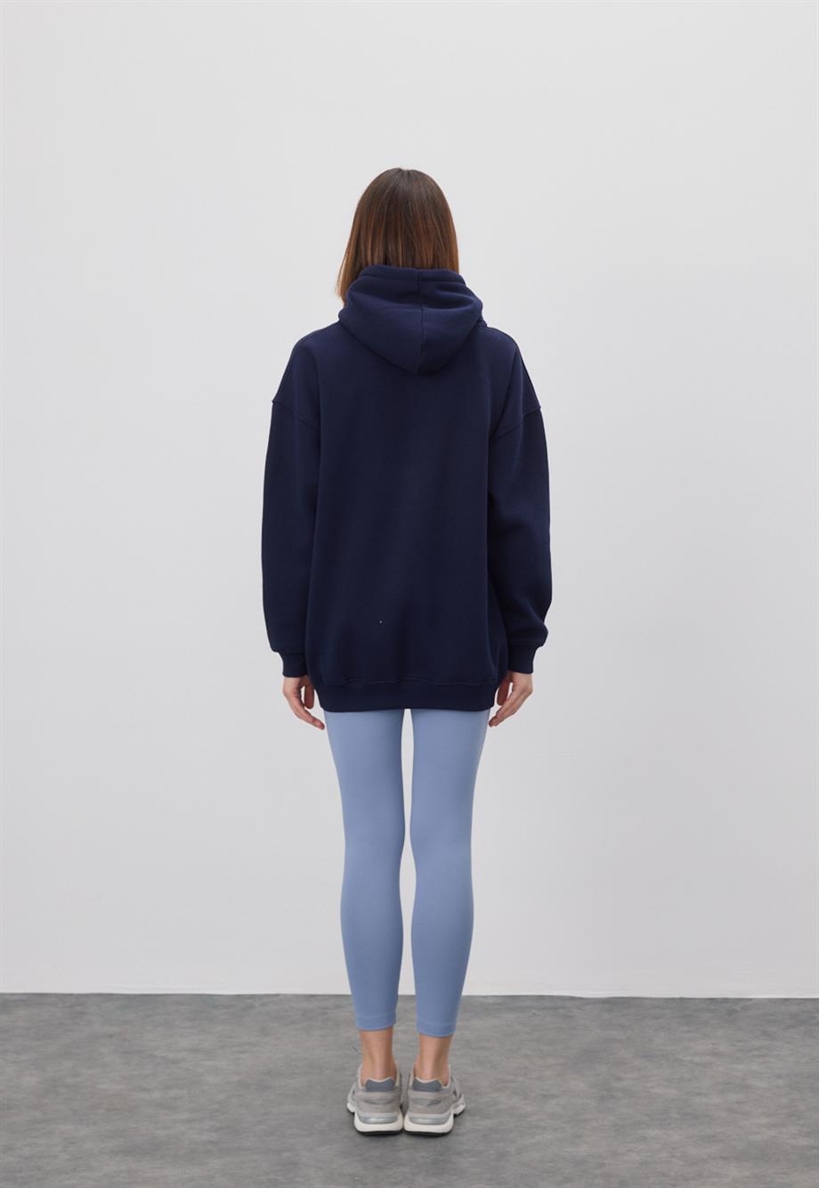 Kadın Oversize Navy Kapüşonlu Sweatshirt