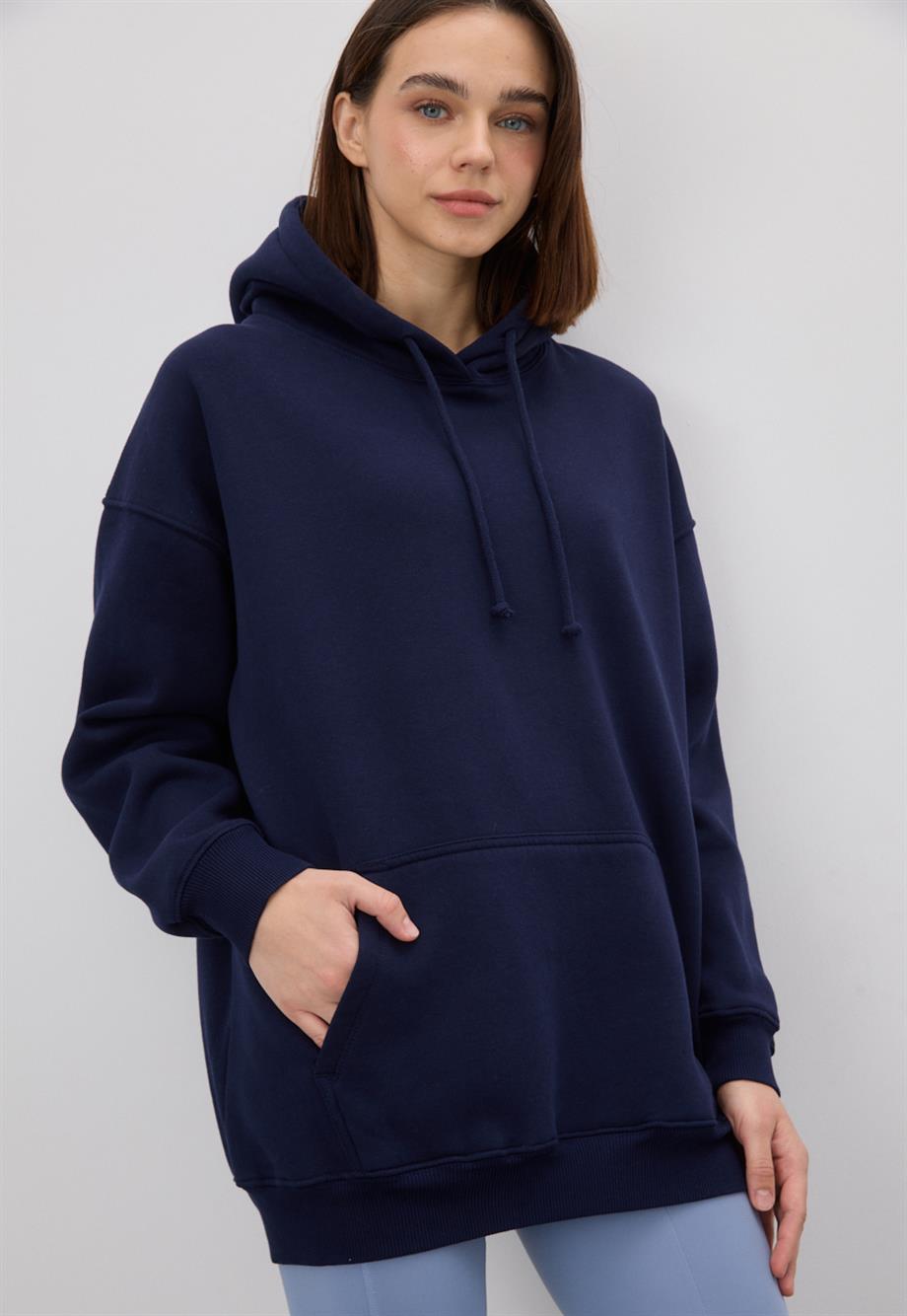 Kadın Oversize Navy Kapüşonlu Sweatshirt