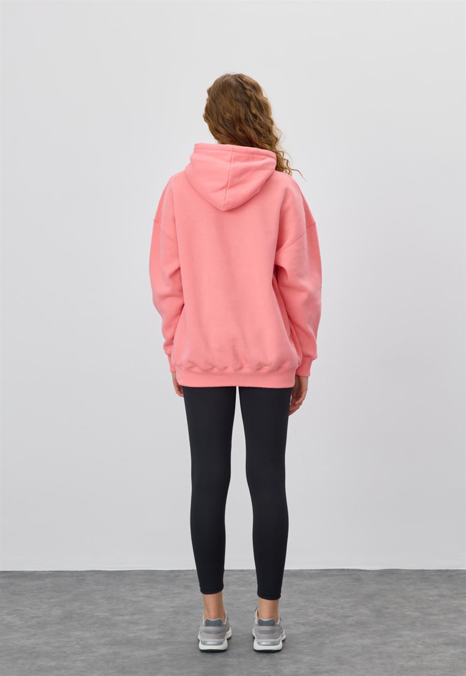 Kadın Oversize Pembe Kapüşonlu Sweatshirt