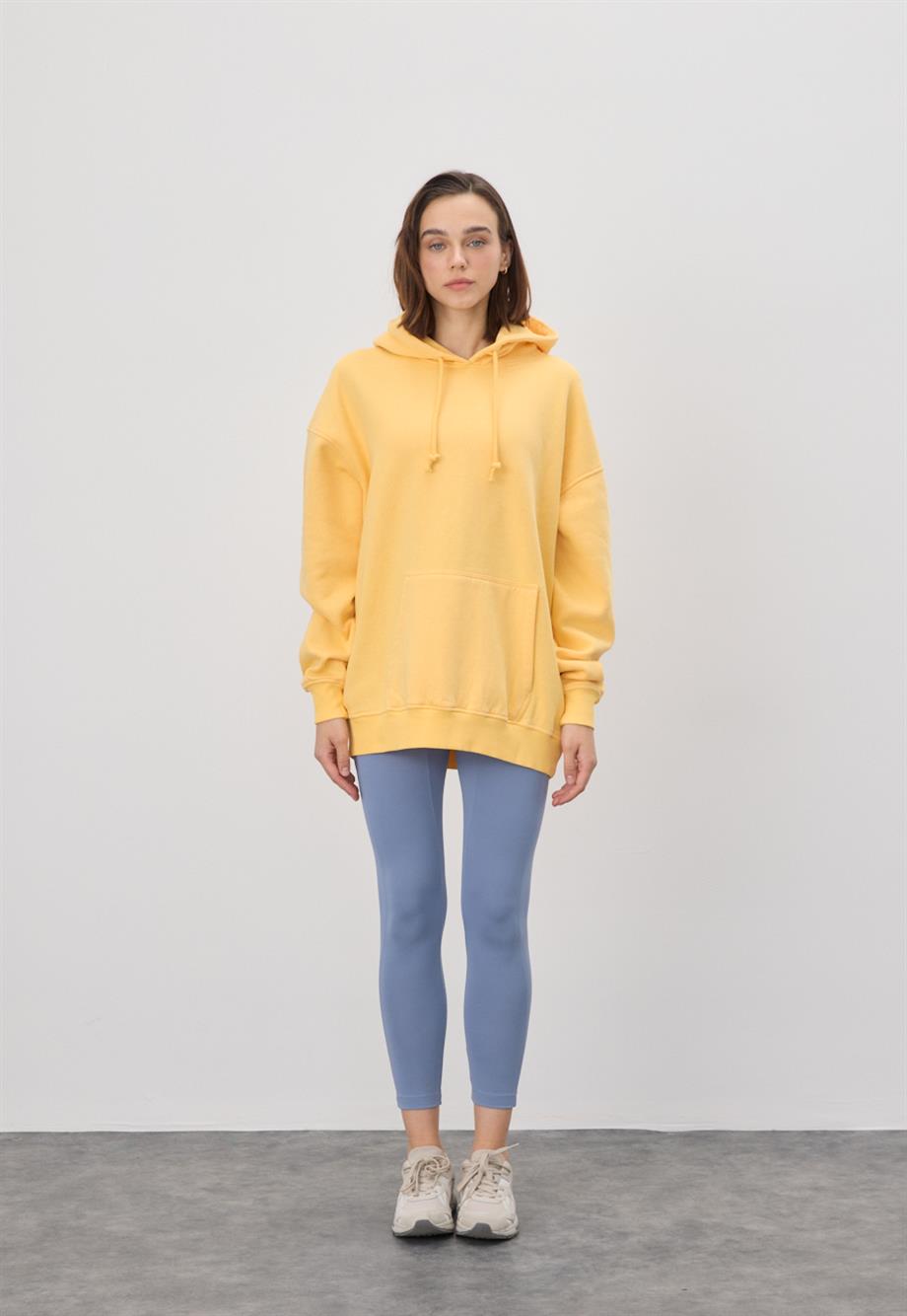 Kadın Oversize Sarı Kapüşonlu Sweatshirt
