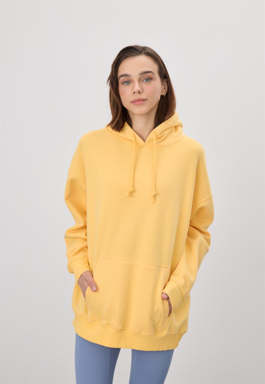 Kadın Oversize Sarı Kapüşonlu Sweatshirt