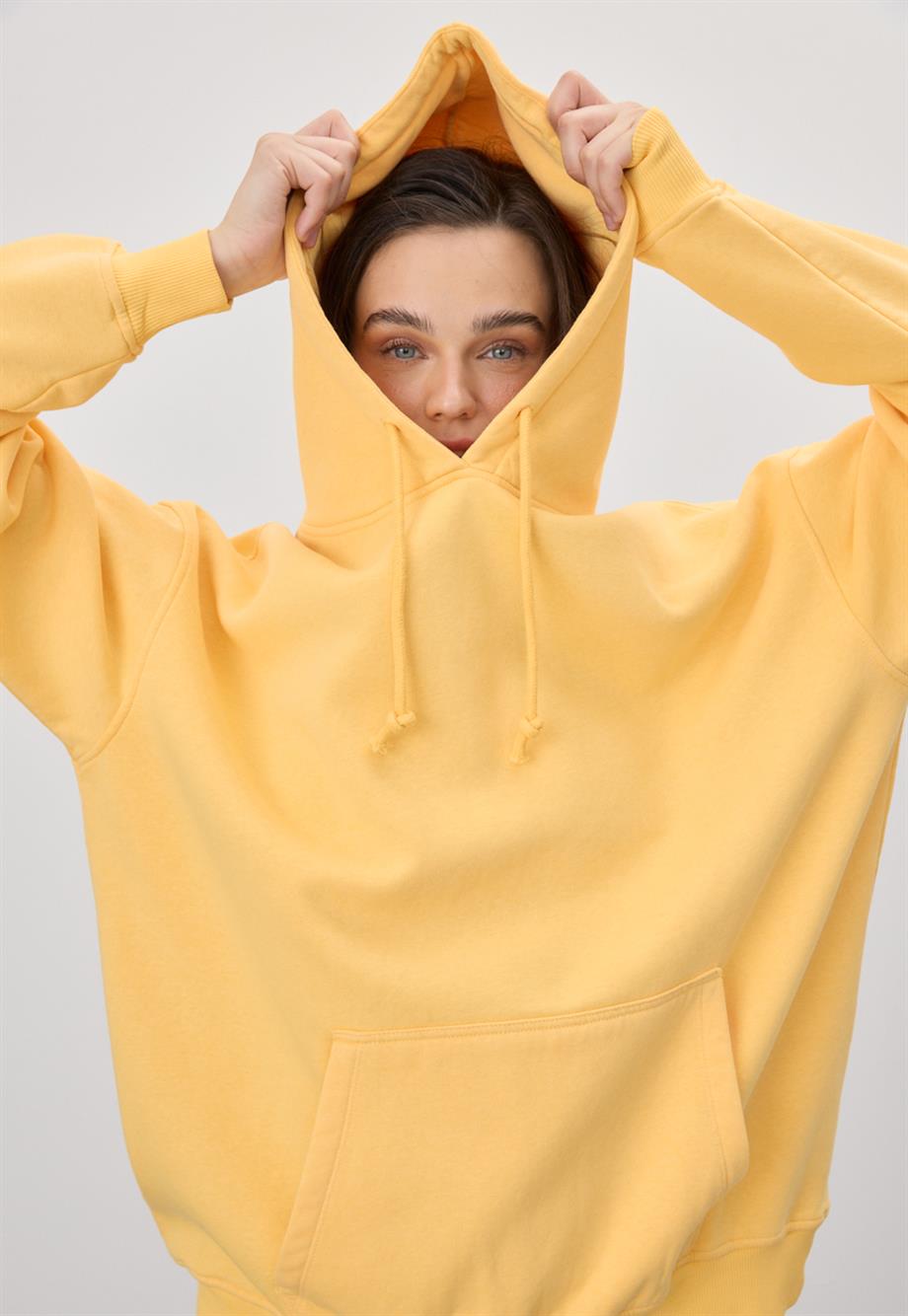 Kadın Oversize Sarı Kapüşonlu Sweatshirt