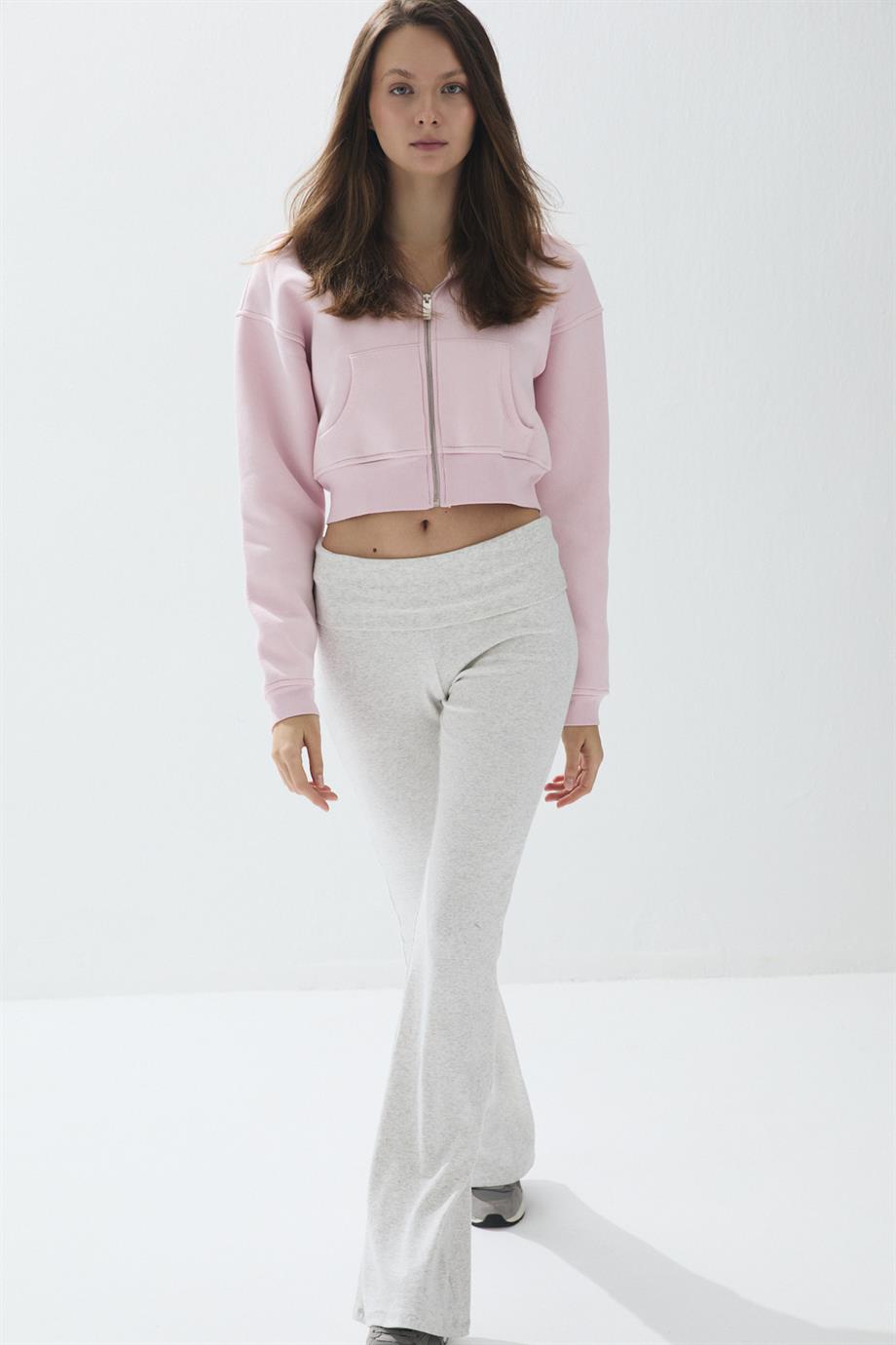 Kadın Parfait Pink Renk Kapüşonlu Şardonlu Crop Sweatshirt Hırka