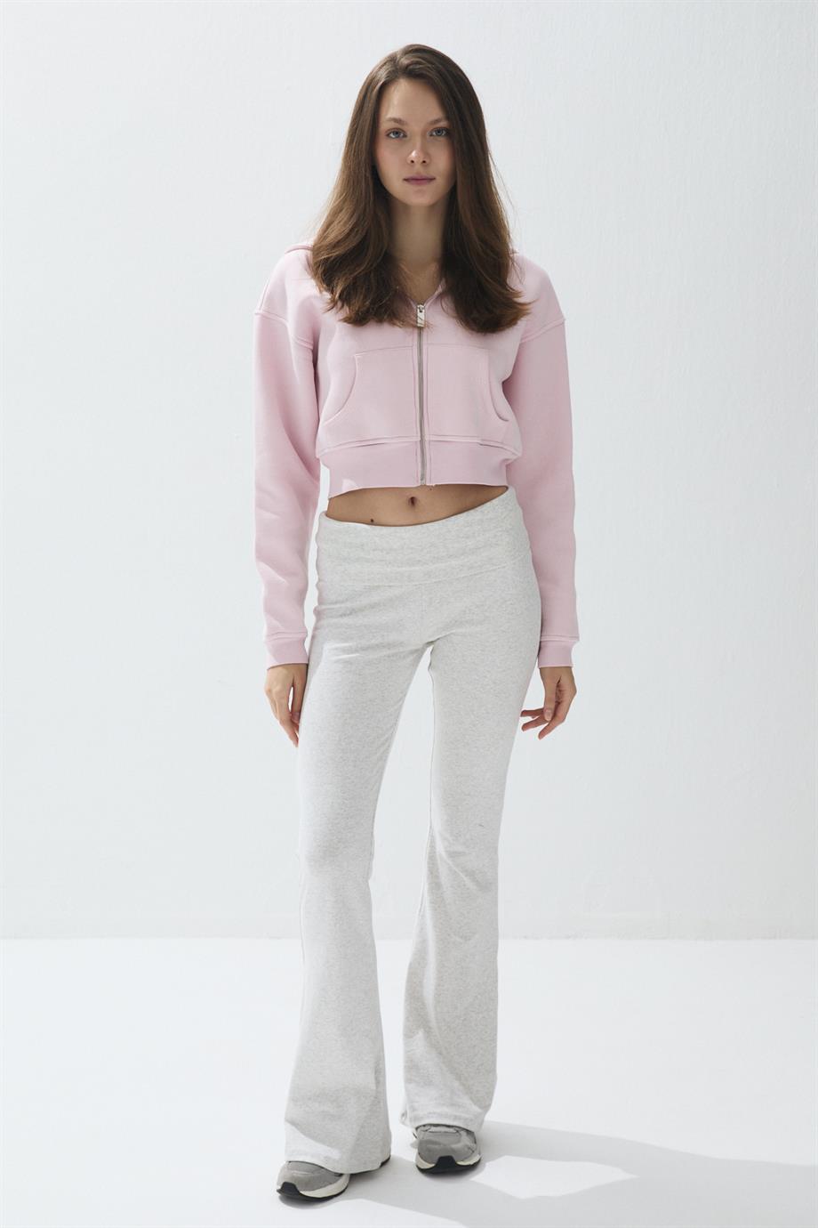 Kadın Parfait Pink Renk Kapüşonlu Şardonlu Crop Sweatshirt Hırka