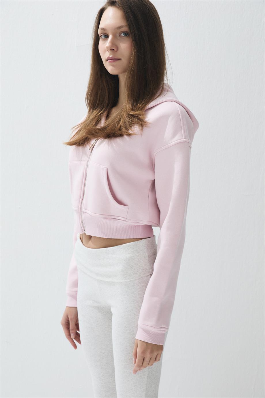 Kadın Parfait Pink Renk Kapüşonlu Şardonlu Crop Sweatshirt Hırka