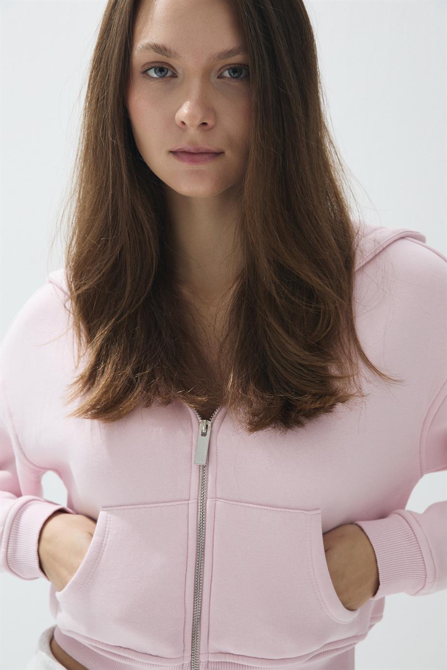 Kadın Parfait Pink Renk Kapüşonlu Şardonlu Crop Sweatshirt Hırka