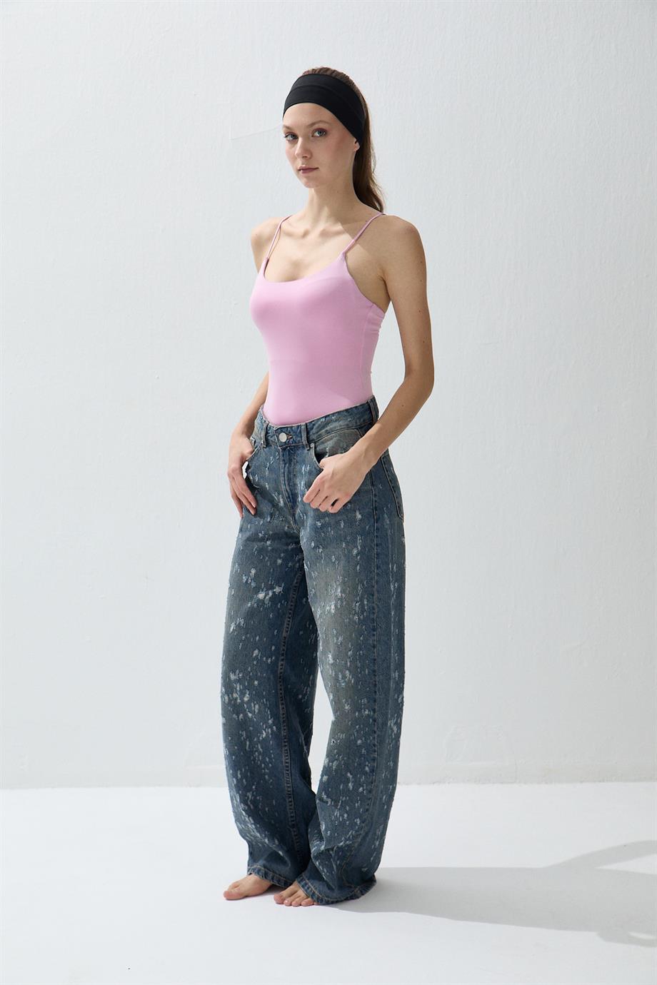 Kadın Pembe Renk Askılı Çıtçıtlı Body