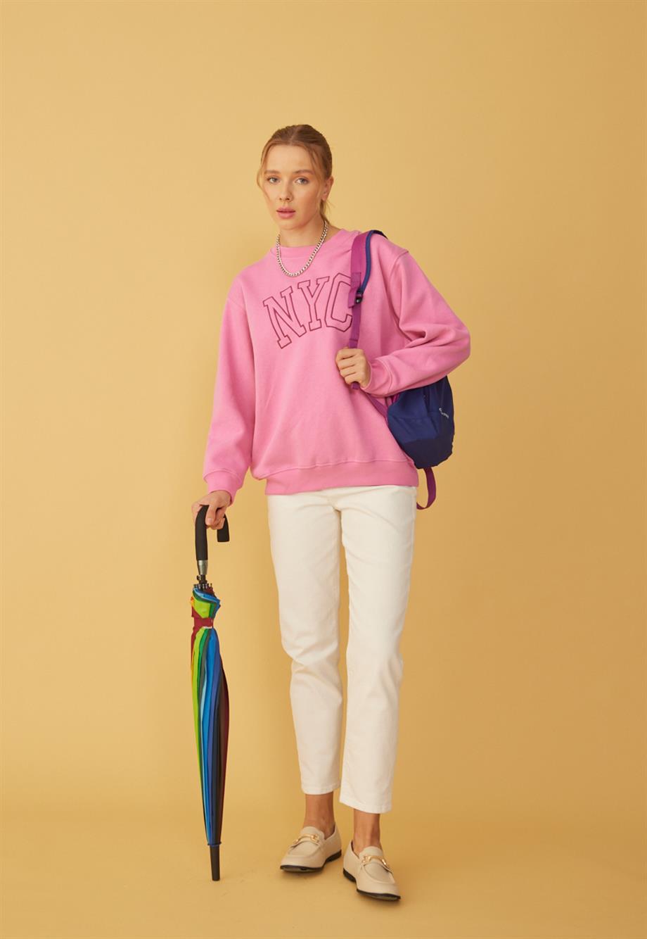 Kadın Pembe Renk NYC Baskılı Oversize Sweatshirt