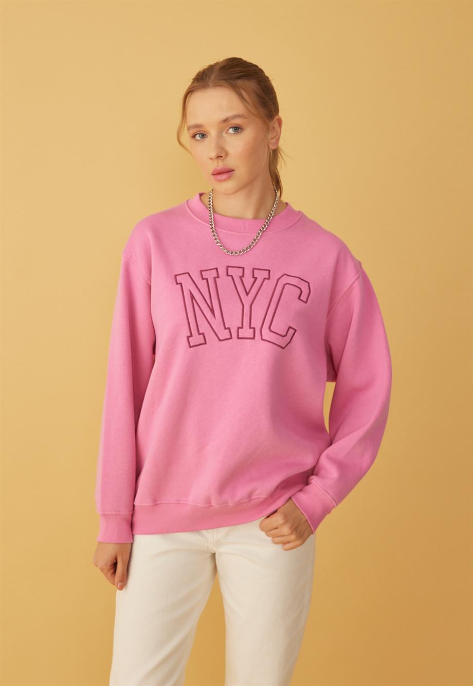 Kadın Pembe Renk NYC Baskılı Oversize Sweatshirt