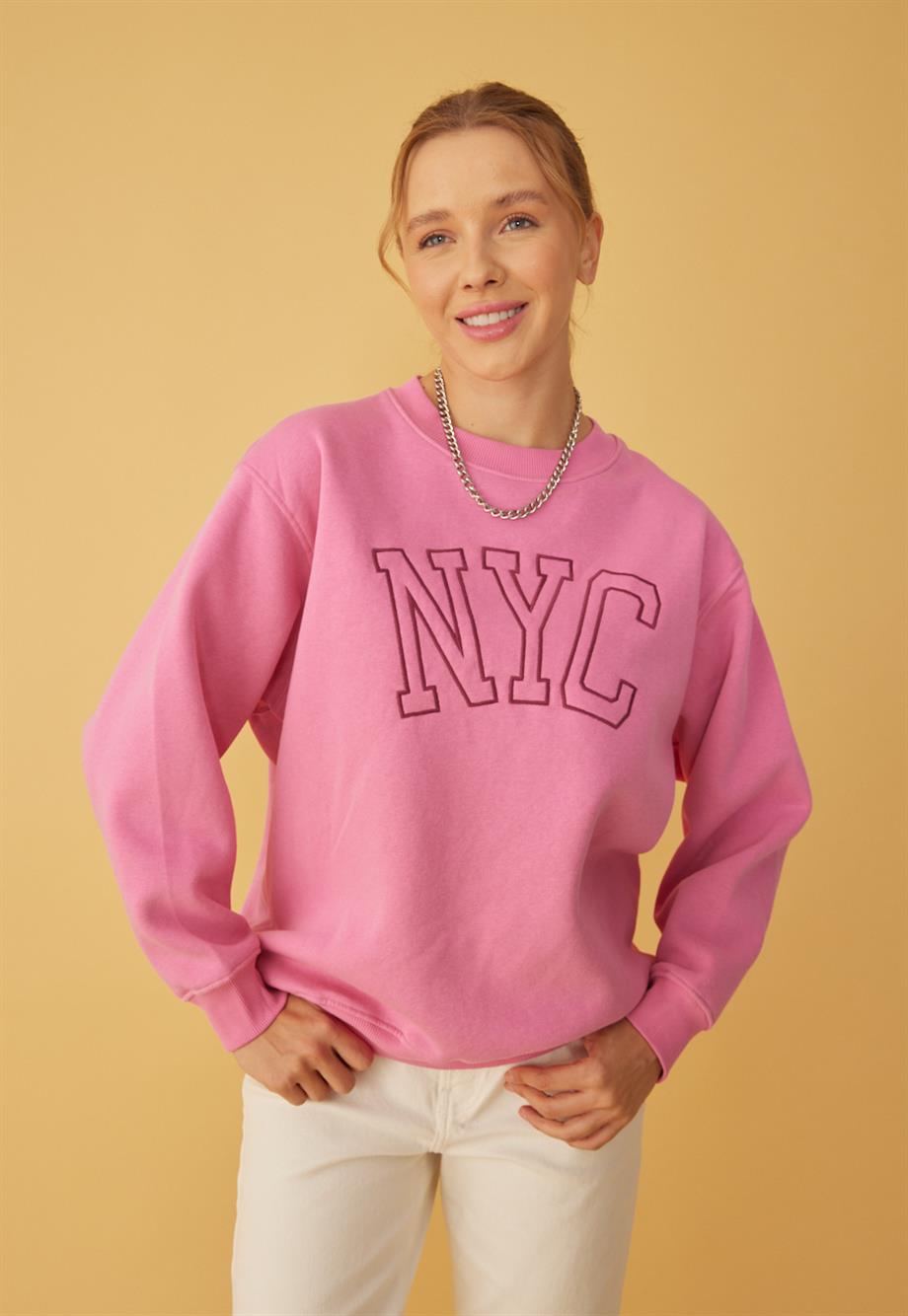 Kadın Pembe Renk NYC Baskılı Oversize Sweatshirt